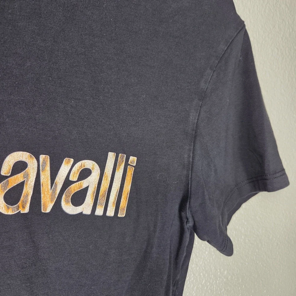 Roberto Cavalli Logo T Shirt Women's L Black Stretch Cotton Graphic Tee Italy